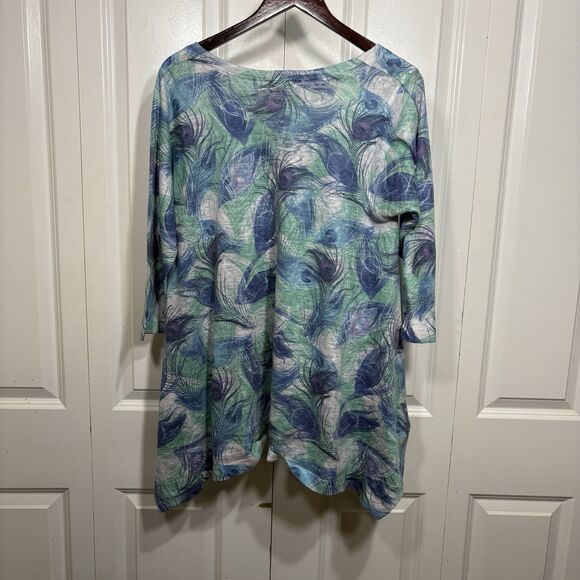 Nally & Millie Tunic Top Women L Peacock Feather Print Asymmetrical Hem Boho - Picture 3 of 8